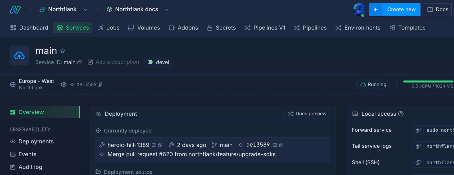 Screenshot of Northflank UI service dashboard