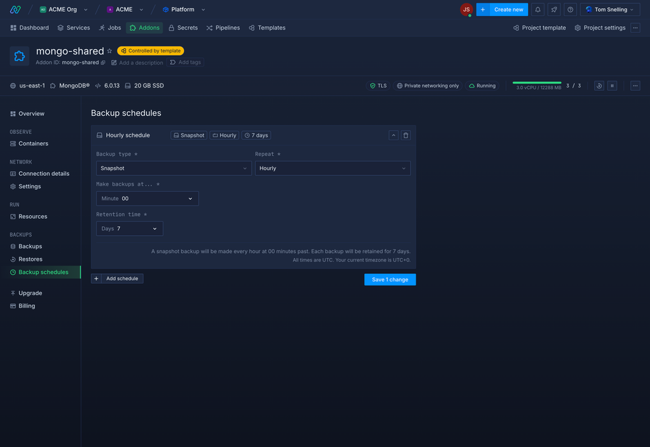 Screenshot of the app creating an hourly backup schedule