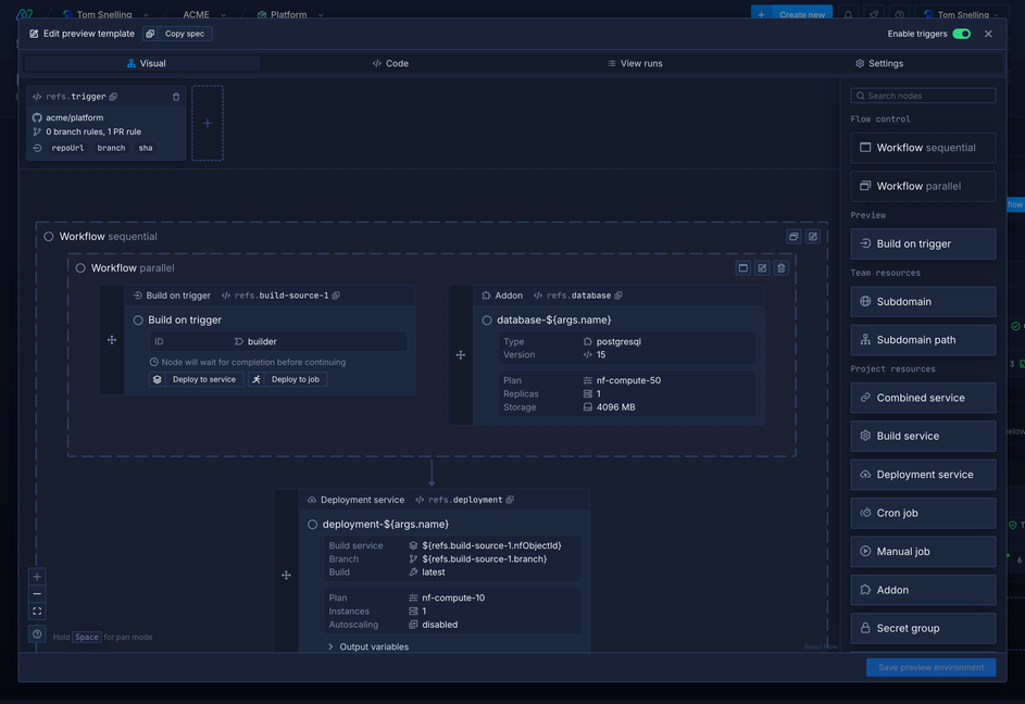 Template editor showing a preview environment triggered by a GitHub event