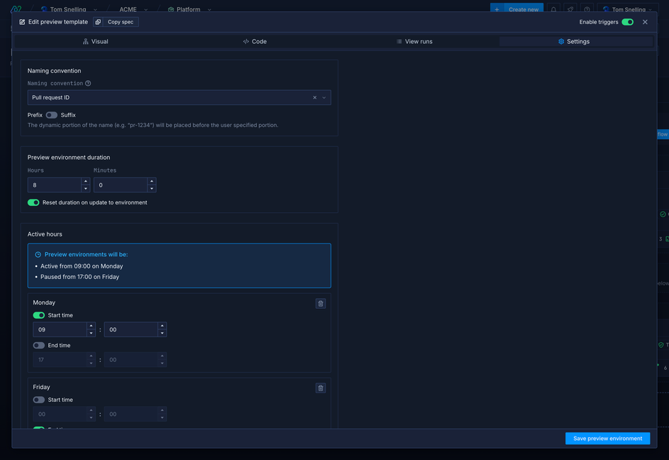 Template settings showing preview deployments limited to working hours