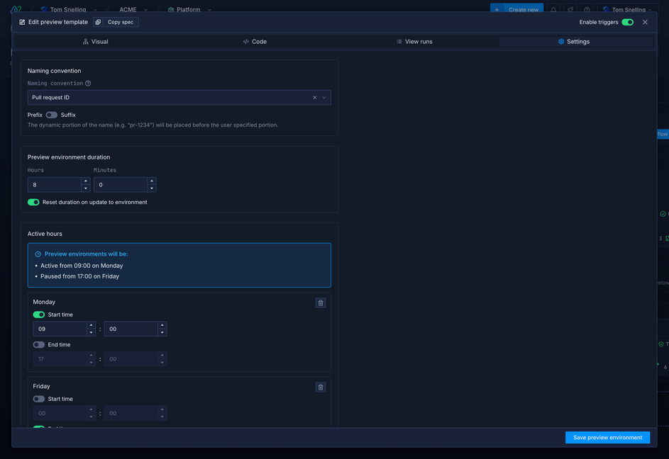 Template settings showing preview deployments limited to working hours